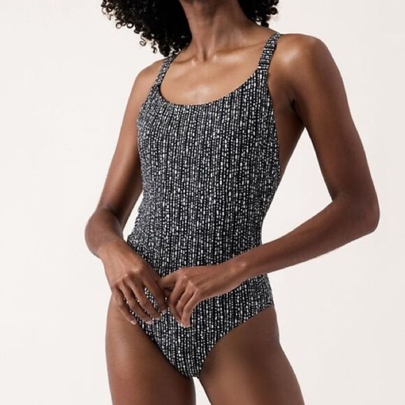 Athleta Hermosa One Piece Swimsuit Size Large Black White Dot Print Low Back - Picture 1 of 13